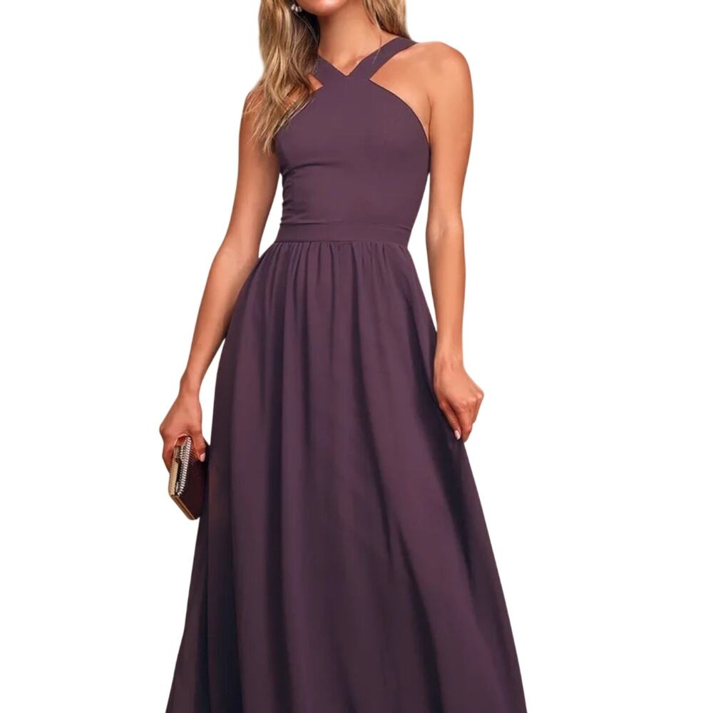 Lulu's Plum Cross-Back Halter Bridesmaid Dress